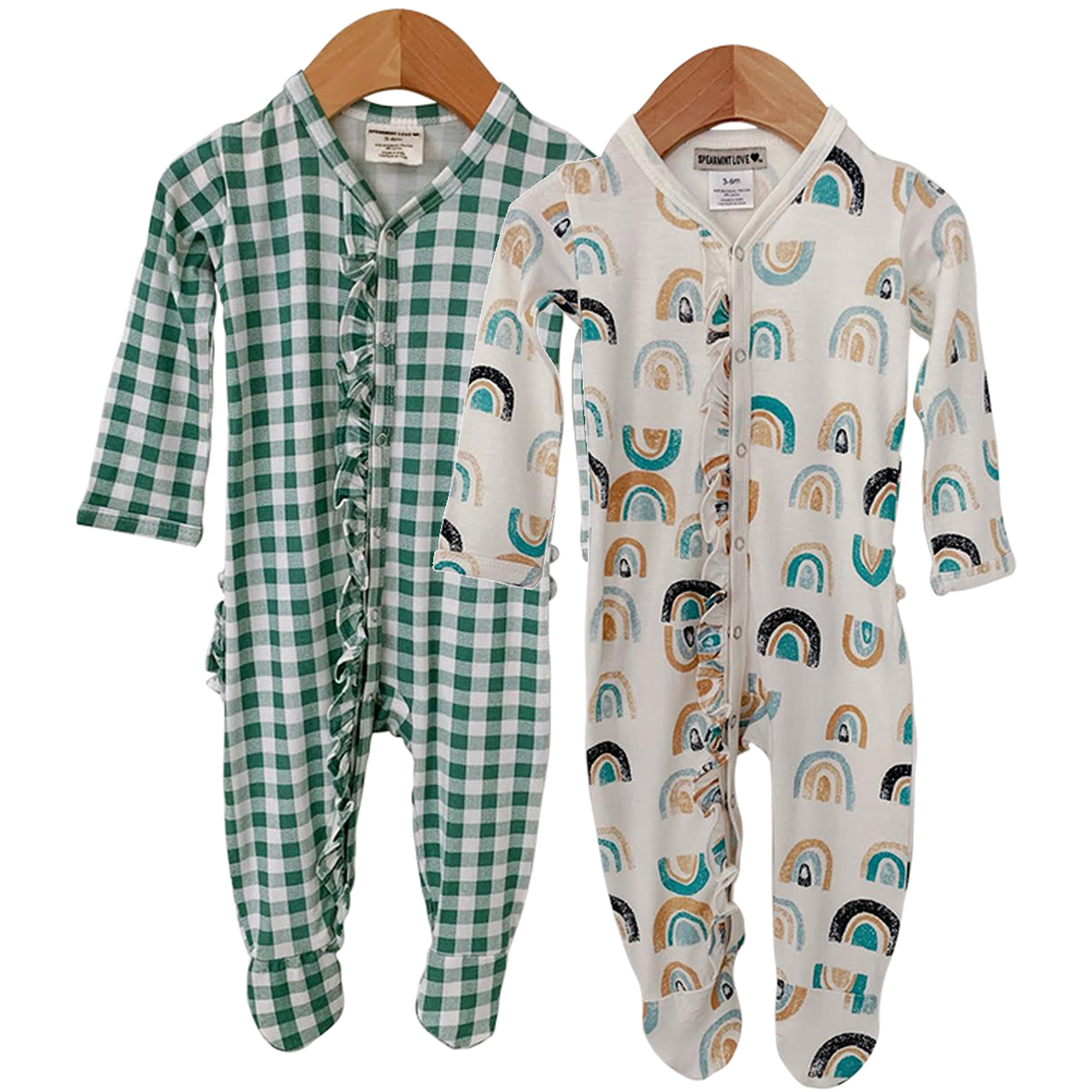 Ruffle Snap Footie 2-Pack, Blue Rainbow + Sea Green Gingham | SpearmintLOVE