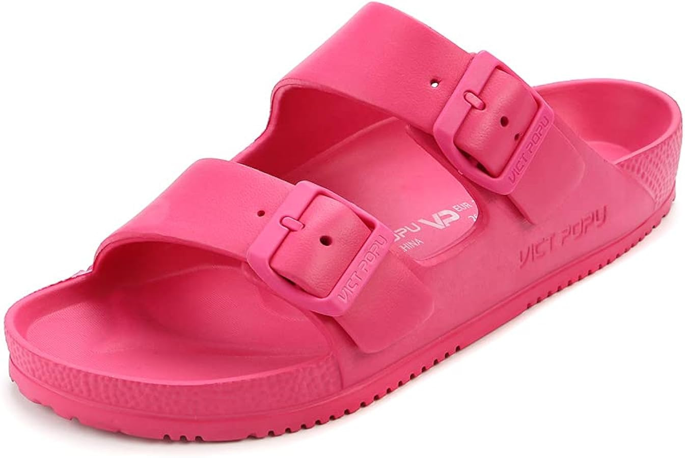 VICT POPU Womens Sandals Adjustable Double Buckle Strap Waterproof EVA Flat Slides | Amazon (US)
