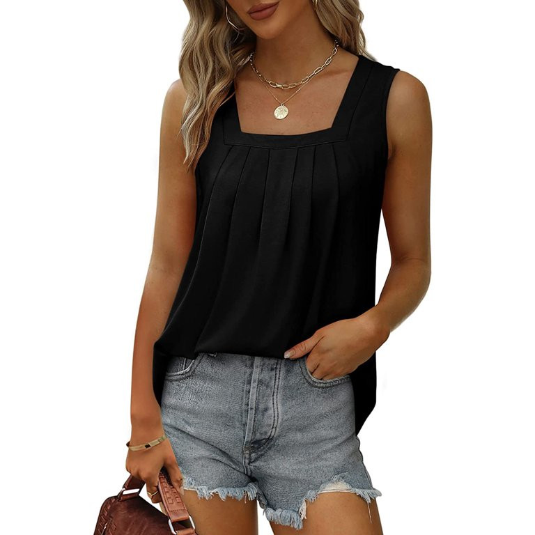 Amoretu Women Tank Tops Pleated Square Neck Sleeveless Summer Shirts Black XL | Walmart (US)