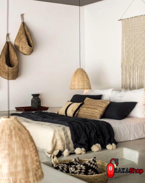 BLACK THROW BLANKET - Moroccan Blanket - Warm Cotton Tassel Throw Blanket - Ivory Pom Pom Super S... | Etsy (US)