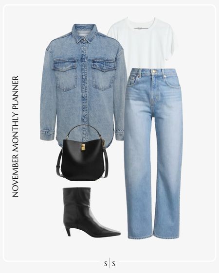 Monthly outfit planner: NOVEMBER Fall and Winter looks | denim shacket, light wash high rise wide leg Jean, white tee, black ankle boots, mini shopper bag

See the entire calendar on thesarahstories.com ✨

#LTKstyletip