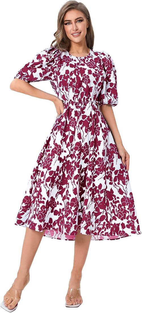 SweatyRocks Women's Boho Floral Puff Sleeve Cut Out Dress Tie Back A Line Midi Dresses | Amazon (US)