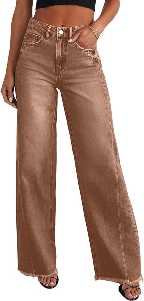 Sidefeel Women's Wide Leg Jeans High Waisted Strechy Raw Hem Zimbaplatinum Denim Pants | Amazon (US)