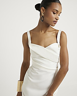 White ruched open back bodycon midi dress | River Island (UK & IE)