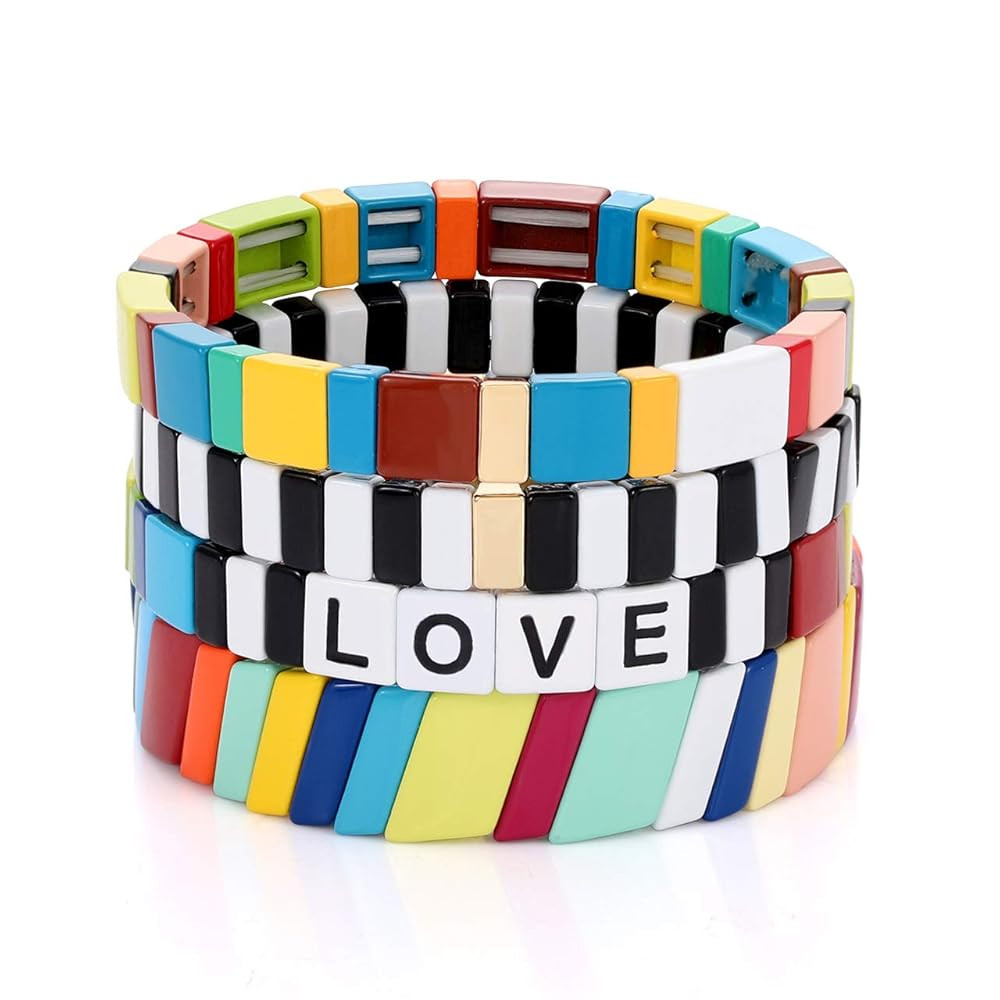 Enamel Tile Bracelet Stackable Rainbow Tile Bead Love Stretchy Bracelet Colorblock Enamel Brite B... | Amazon (US)