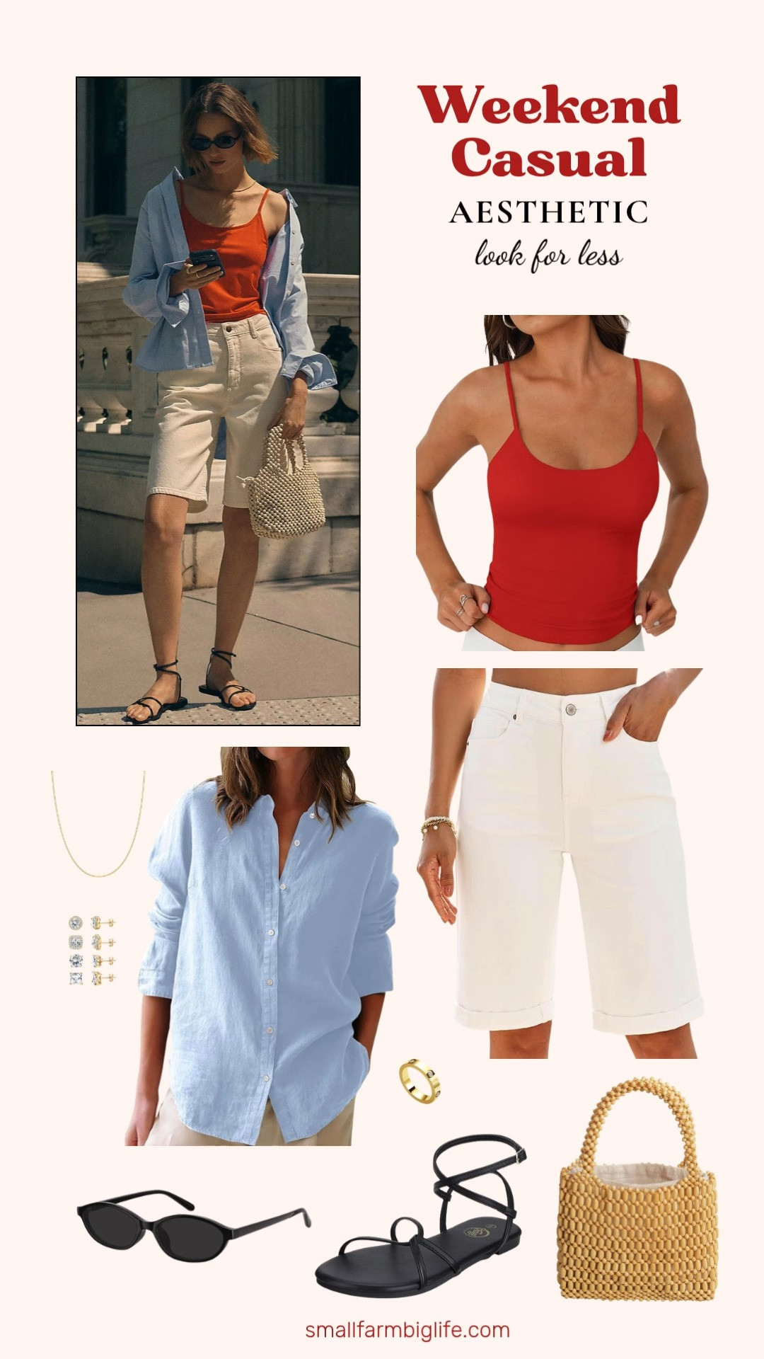 A red spaghetti strap tank tucked into white Bermuda jean shorts is such a classic summer combination and this whole look comes together for so much less than you would think. Layer the light blue oxford shirt over the tank for an effortless casual outfit that works for everything from a farmers market morning to a backyard gathering. The strappy black flat sandals dress it up just enough, and the wooden bead tote, retro oval sunglasses, gold herringbone necklace, and dainty stud earrings pull the whole look together perfectly. Tap to shop! 

 #LTKootd #LTKSeasonal #LTKOver40