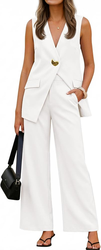 ZESICA Women's 2026 Summer 2 Piece Suit Sets Sleeveless Blazer Vest and Wide Leg Pants Business C... | Amazon (US)