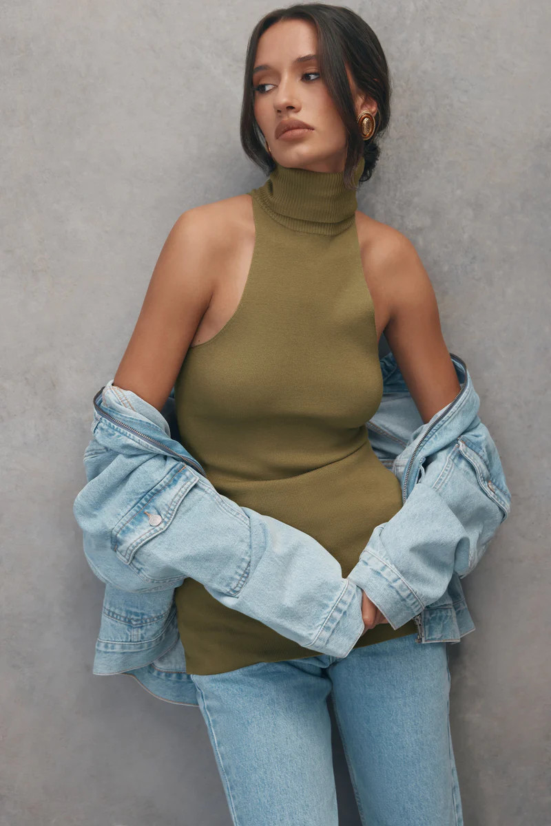 Kelsea Sleeveless Turtleneck Top - Olive | MESHKI US