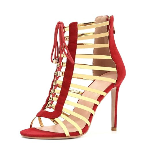High Heels for Women Lace Up Stiletto Heeled Sandals Peep Toe Strappy Dress Shoes Summer Party Pumps Zipper Red Size 10.5 | Amazon (US)