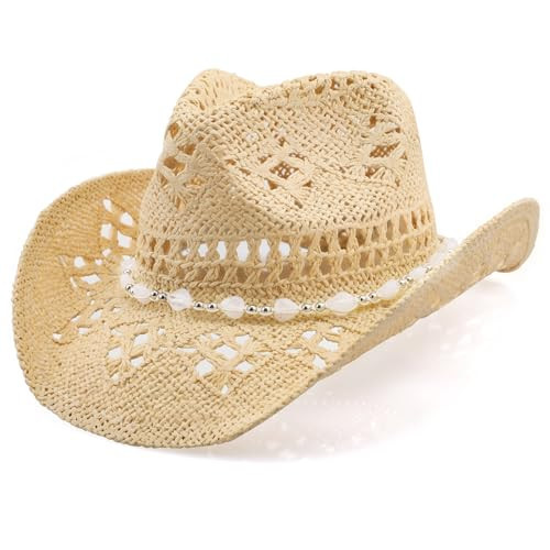 ZWZPOP Cowboy Hat,Cowgirl Hat,Cowboy Hats for Women/Mens Yellow (Straw, Beige+White) | Amazon (US)