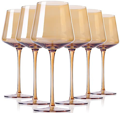 Physkoa Amber Colored Wine Glasses Set 6-16oz Stemmed Modern Amber Wine Glasses With Tall Long Stem and Flat Bottom,Light Brown Glassware for Home Decor | Amazon (US)