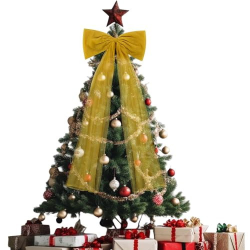 Zeyune 1 Pcs Giant Mesh Christmas Tree Topper Bow 55.12 x 25.59 Inches Extra Large Bow for Family Christmas Tree Topper Birthday Party Wedding Decorations(Gold) | Amazon (US)
