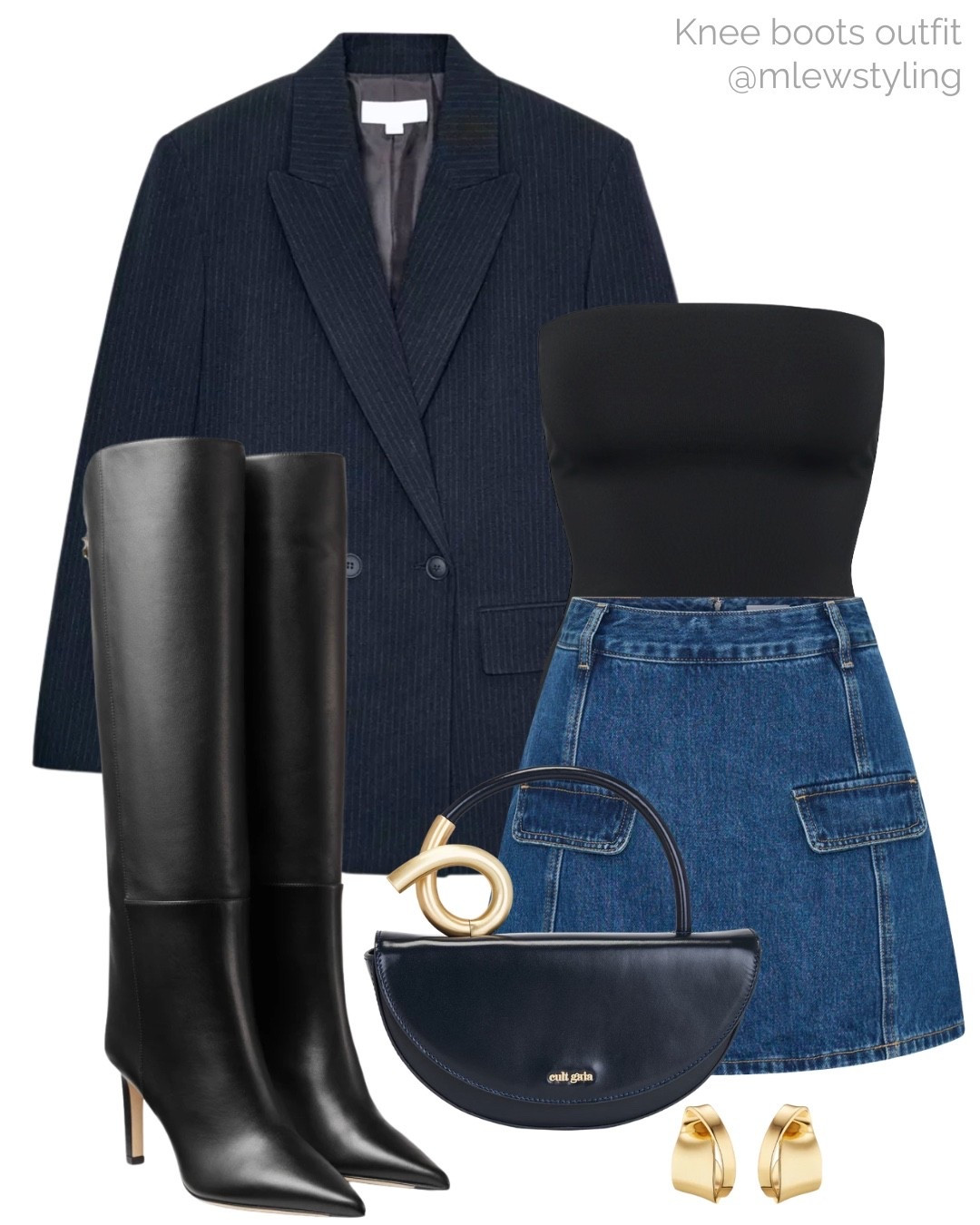 Navy blue and black elevated outfit ✨✨

Tags: aritzia tube top, new in Zara oversized blazer, cult Gaia bag, Jimmy choo knee boots, meshki denim skirt, autumn outfit, elevated date night look, fall fashion, party look 

#LTKShoeCrush #LTKItBag #LTKParties