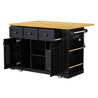 Black Wood 53 in. Kitchen Island with 5 Wheels, Drop Leaf, Power Outlet, Door Internal Storage Rack | The Home Depot