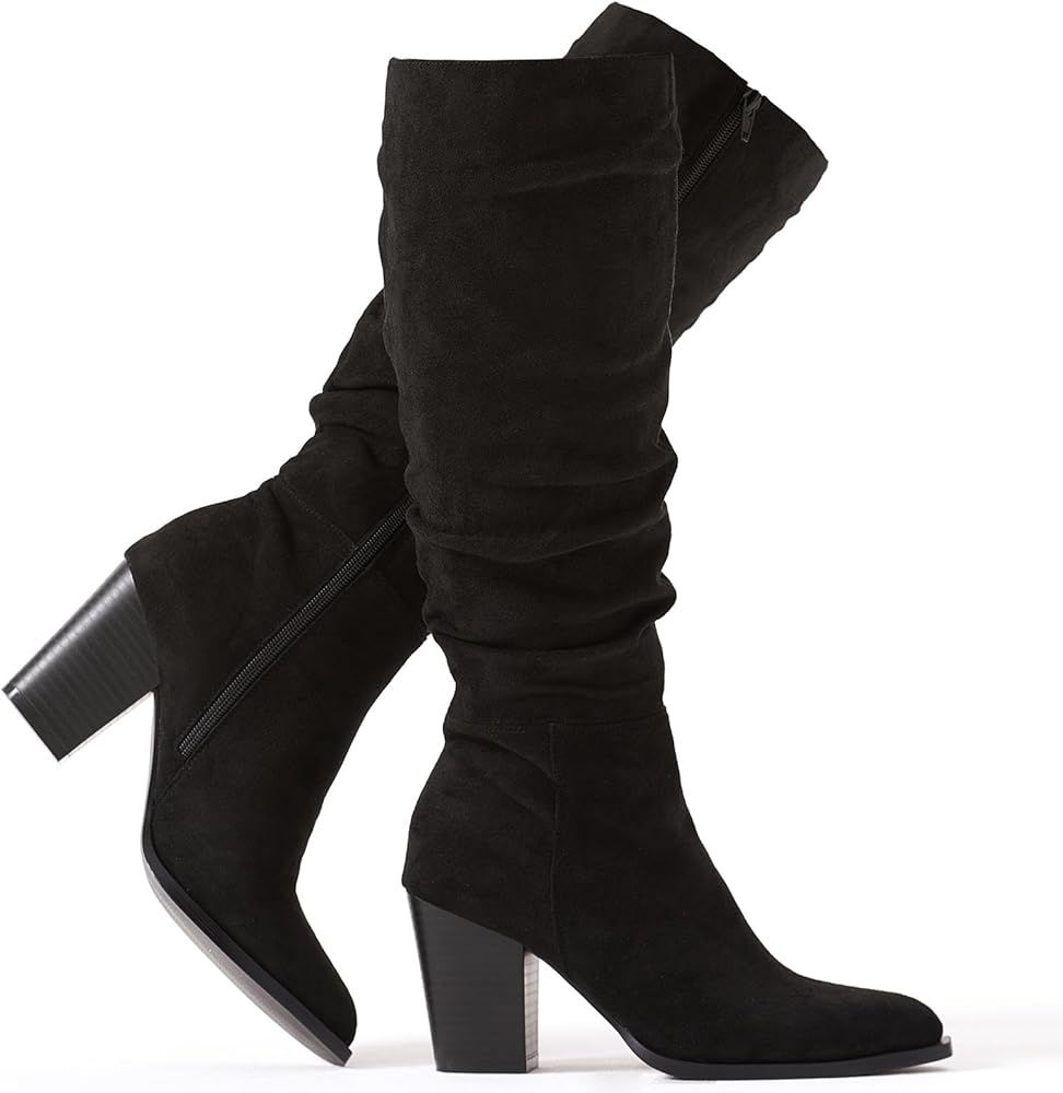 Women's Pointed Toe Knee High Boots Faux Suede Slouch Boots with Chunky Heel | Amazon (US)