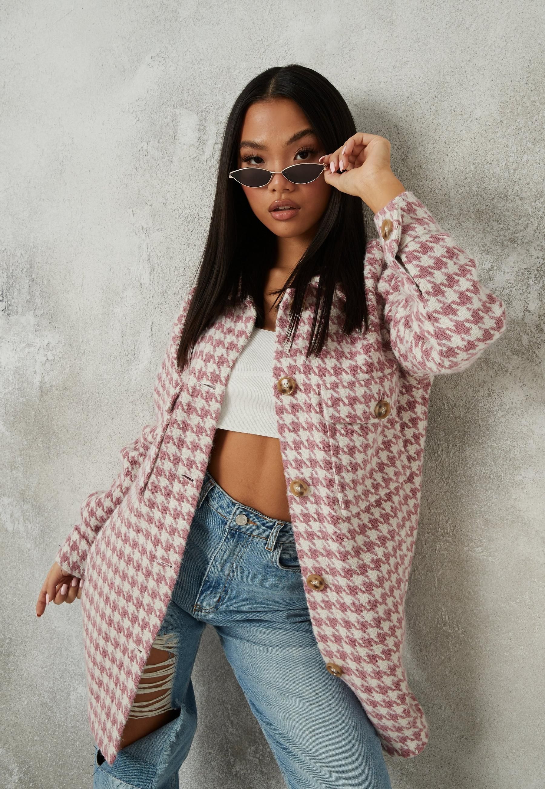 Missguided - Petite Pink Houndstooth Brushed Back Shacket | Missguided (US & CA)