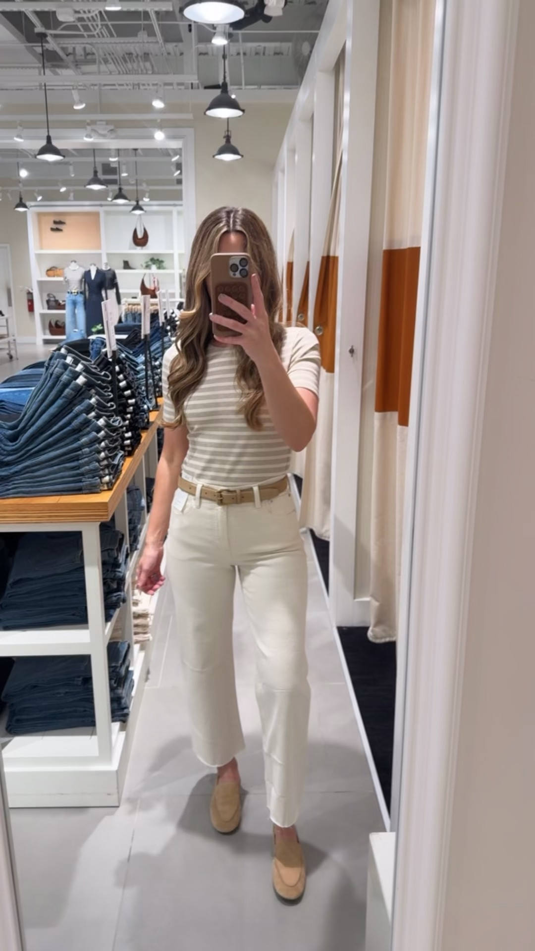 Vintage wide leg crop jeans size 26 @Madewell styles with a neutral striped tee medium and tan suede belt xs and loafers 8

#LTKover40 #LTKSeasonal