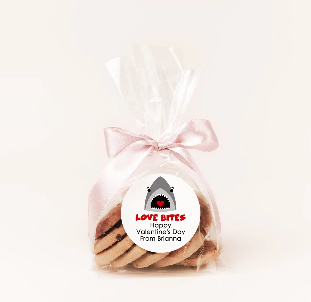 Love Bites Shark Valentine's Day Stickers Personalized Valentine Round Sticker Labels Classroom V... | Etsy (US)