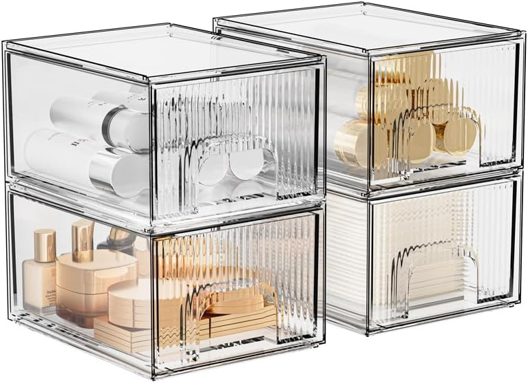 ZHIAI 4 Piece Set Stackable Makeup Organizer Drawers, Plastic Bathroom Organizer, Cosmetic Storag... | Amazon (US)