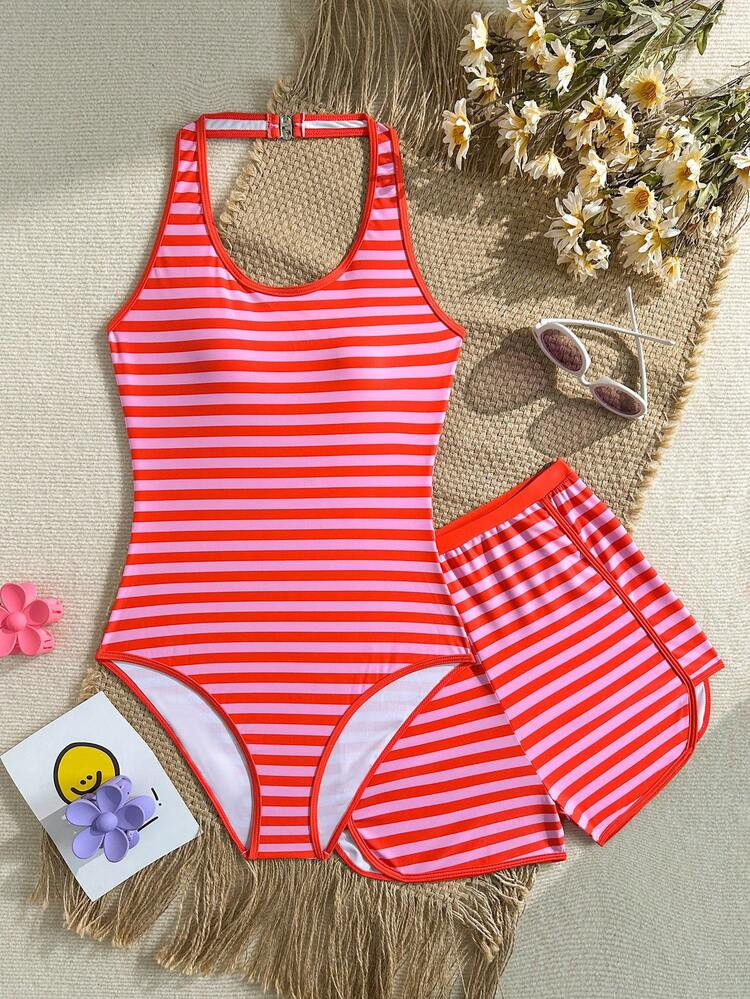 SHEIN Teen Girls Striped Print Halter Neck One-Piece Swimsuit With Shorts 2-Piece Set,Summer Beach Red Full Coverage Bathing Suits For Women And Teens | SHEIN