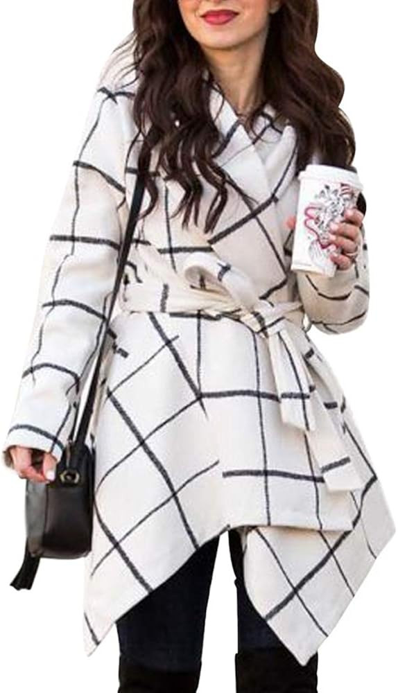 CHICWISH Women's Turn Down Shawl Collar Earth Tone Check/Black White Grid/Black/Plum Wool Blend C... | Amazon (US)