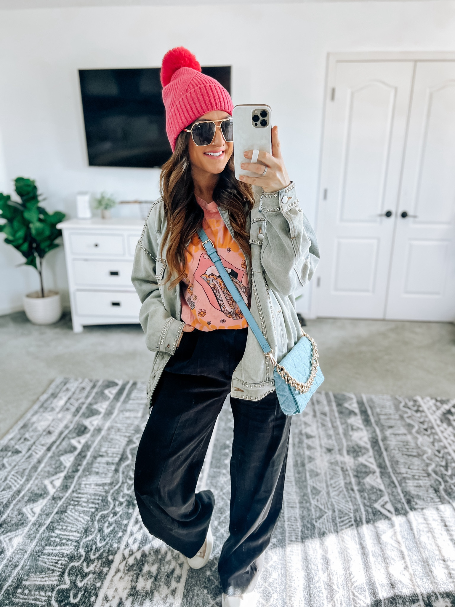 Ootd weekend vibes 😘 wide leg trousers on clearance and going fast! Free to size and very comfortable! Perfect for teachers or office girlies, but equally cute dressed down like this! Graphic tee is also so soft and oversized…this exact one is oos, but the one under the link is on major markdown and under $14! Linked a few other fun options! Jacket is a splurge, but way cute and you can use my code for 20% off!! AMELIAROSE__XO 

#LTKsalealert #LTKfindsunder50 #LTKstyletip