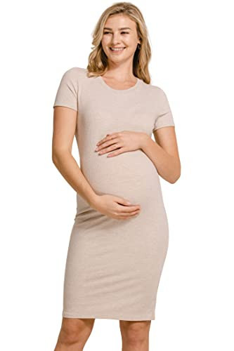LaClef Women's Maternity Short Sleeve Bodycon Ribbed Dress (Beige,M) | Amazon (US)