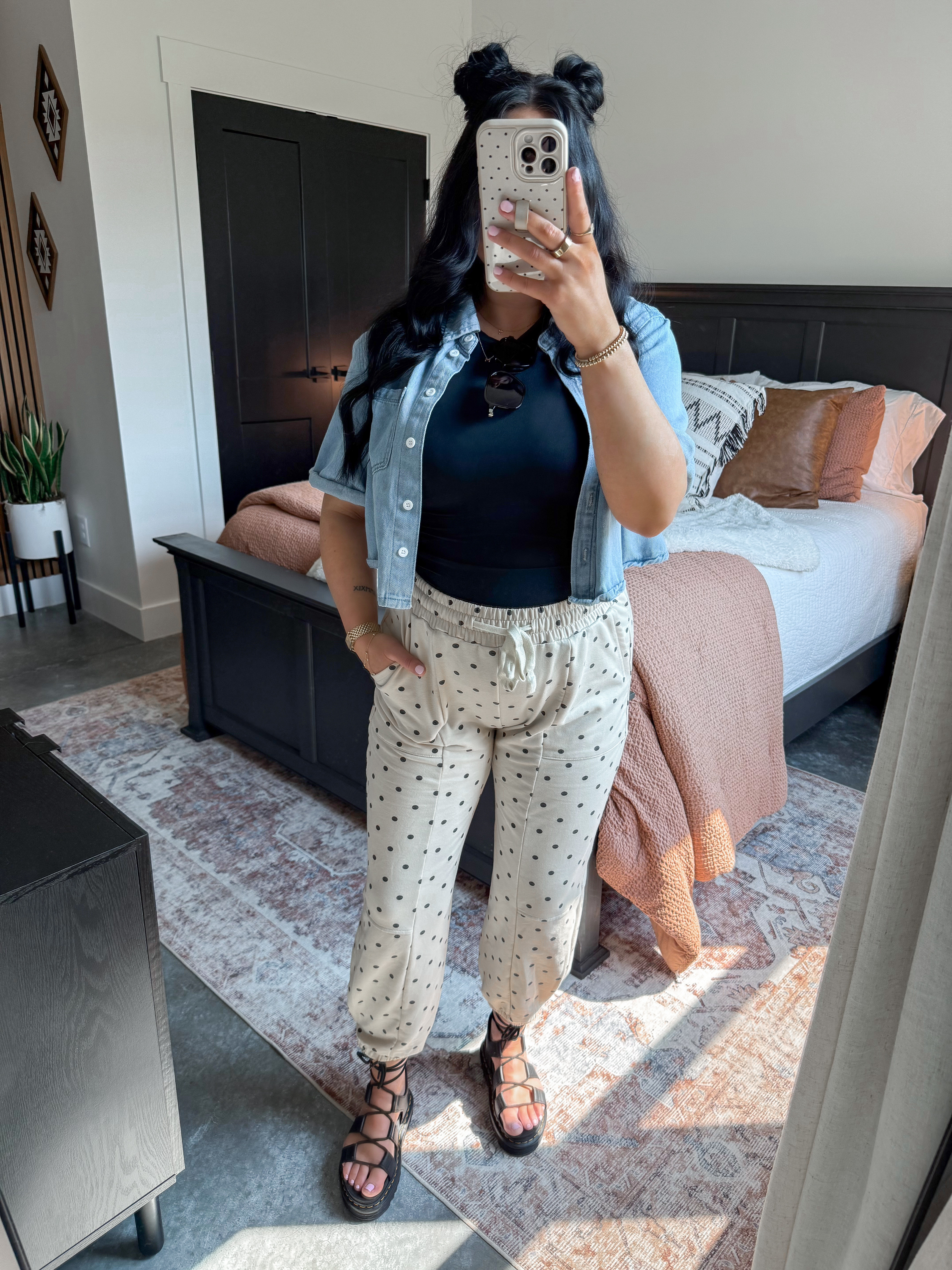 Comfy Spring Outfit 🖤

Denim Top - small
Black Tee - xs
Bralette - medium
Joggers - small

Obsessed with these comfortable polka dot joggers (they do come in a ton of other prints as well!) I paired them with a black maternity tee, this denim button down short sleeve top, some amazon sunglasses & finished the look with my strappy platform doc martens sandals. 👏🏼

#LTKootd #LTKSeasonal #LTKBump