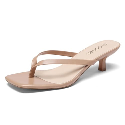 Gorfen Women's Nude Kitten Heel Sandals Square Toe Flip Flop Thong Cushioned Summer Vacation Sandals 8 | Amazon (US)