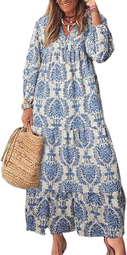 Dokotoo Women Boho Maxi Dresses 2024 V Neck Long Puff Sleeve Smocked Ruffle Flowy Casual Dress | Amazon (US)