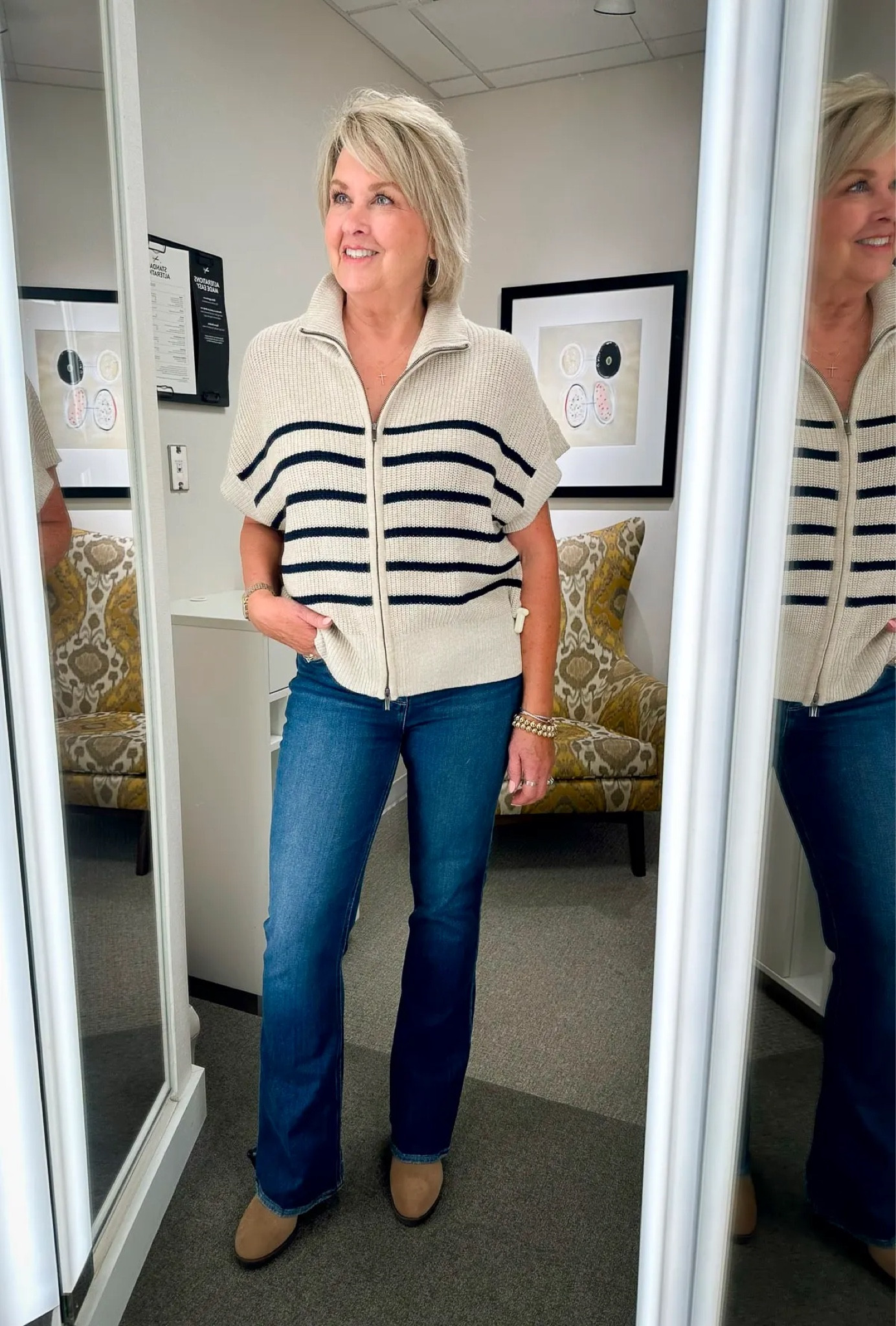 My striped cardigan is a size small and these flare jeans are a 28! Some items have sold out, but some have been coming back in stock. These jeans are a great pair to invest in! 

#LTKStyleTip #LTKOver40 #LTKWorkwear