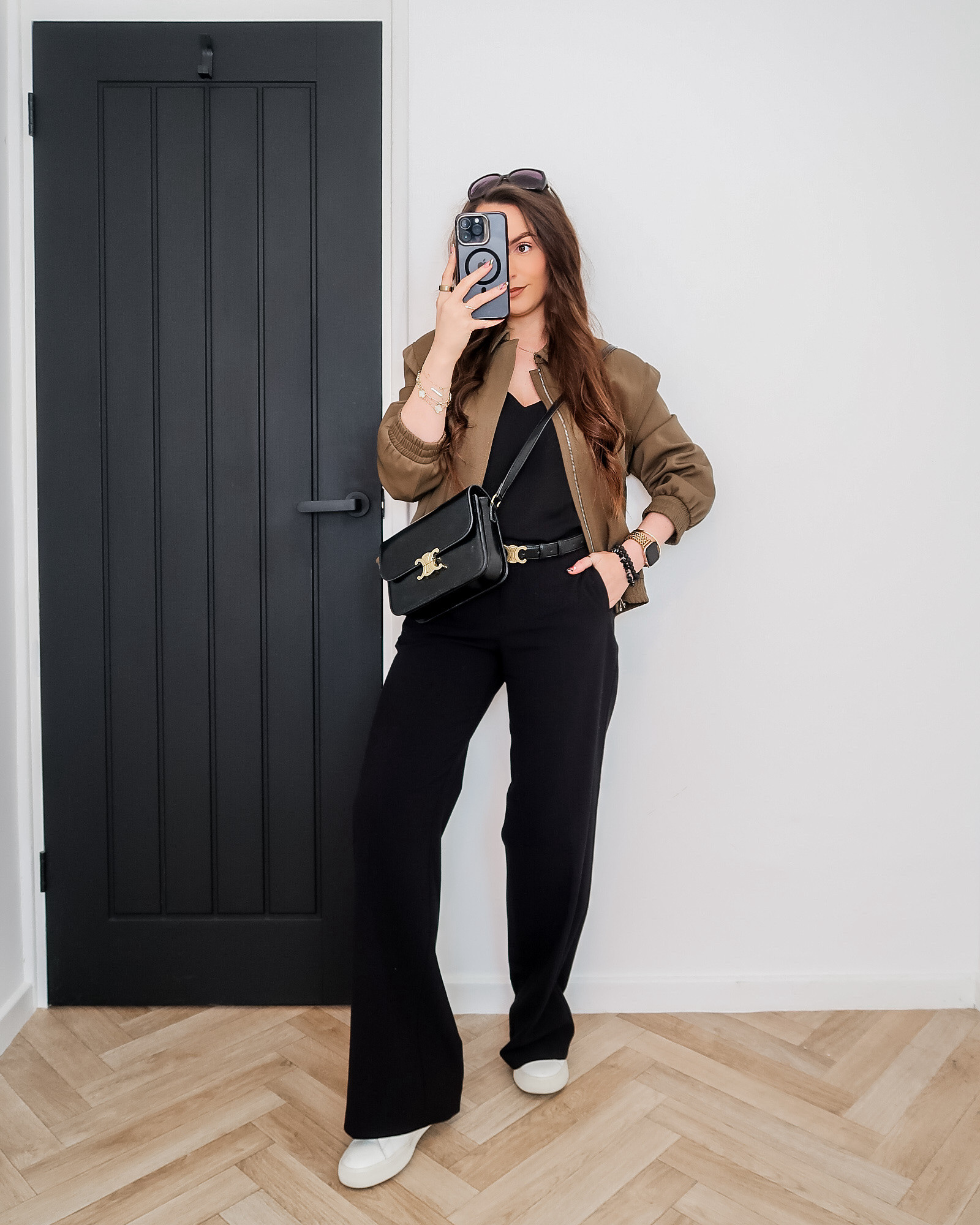 black bootcut trousers outfit, tailored trousers women, chiffon cami top black, khaki bomber jacket outfit, Veja trainers outfit, Celine Triomphe belt, Celine Triomphe bag, Chanel sunglasses outfit, smart casual outfit, everyday chic 

#LTKworkwear #LTKeurope #LTKspring