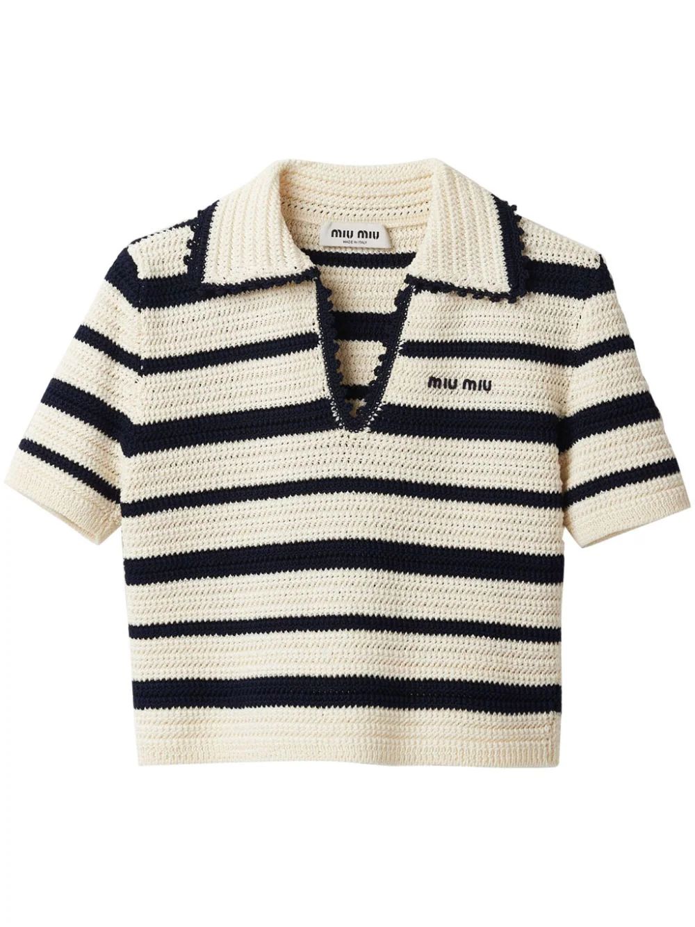 The DetailsMiu Miustriped knitted polo shirtHighlightswhite/midnight blue cotton knitted construc... | Farfetch Global