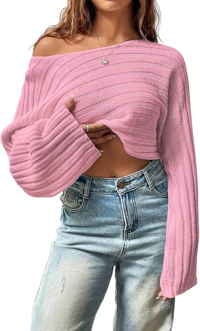 SKAYS Womens Off The Shoulder Cropped Sweater Fall Ribbed Knit Batwing Sleeve Boat Neck Pullover ... | Amazon (US)