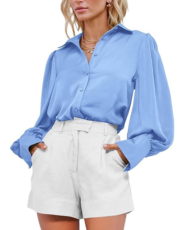 BTFBM Women Satin Button Down Shirts Summer Spring Lantern Long Sleeve Lapel V Neck Blouse Loose ... | Amazon (US)