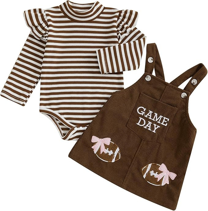 Newborn Infant Baby Girl Game Day Football Outfit Long Sleeve Striped Onesie with Corduroy Suspen... | Amazon (US)