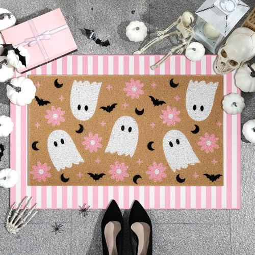 Tinideya 2 Pcs Halloween Door Mat Ghost Welcome Non Slip Coir Mats Pink Flower Cute Bat Stripe Fl... | Amazon (US)