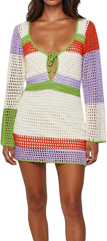 Fabumily Women Crochet Knit Mini Dress Long Sleeve Colorful Mesh Cover Ups Casual Sweater Dress 2... | Amazon (US)