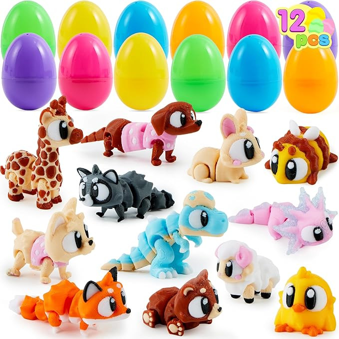 JOYIN 12 Pcs Prefilled Easter Eggs with 3D Printed Toys, Cute Mini Animal Toys with Big Eyes for ... | Amazon (US)
