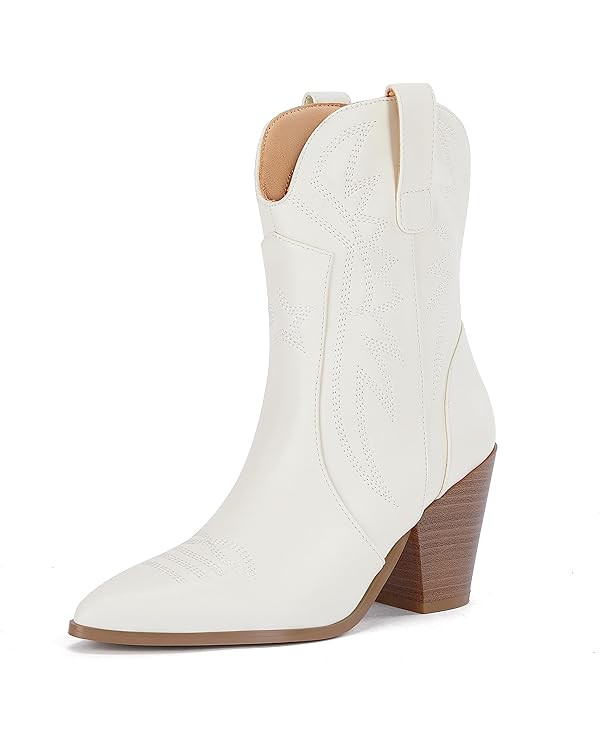 Coutgo Womens Western Stitched Ankle Boots Pointed Toe Chunky Heel Cowboy Booties | Amazon (US)