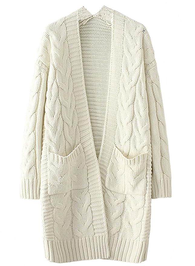Honeystore Women's Long Chunky Cable Knit Cardigan Coat Open Front Loose Sweater | Amazon (US)