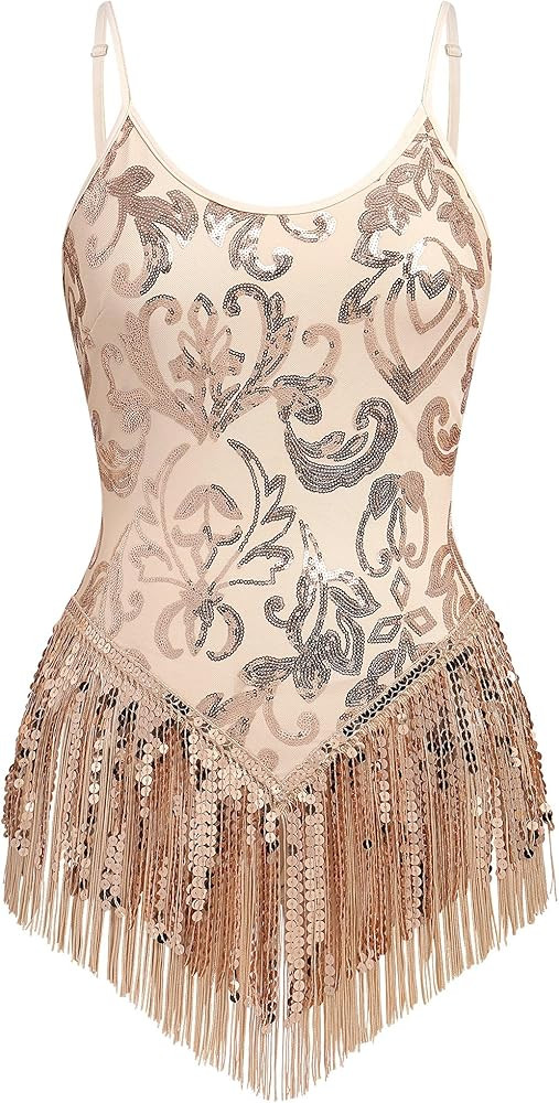 IBAKOM Women Sexy Sequins Fringe Bodysuit Sparkly Tassel Latin Jazz Dance Acrobat Costume Adult T... | Amazon (US)