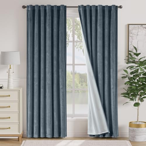 Lazzzy Velvet Blue Curtains 90 Inches Long Blackout Thermal Insulated Room Darkening Lined Curtain Drapes Luxury Back Tab Window Treatments for Bedroom Living Room 2 Panels, 52 x 90 Inch, Aegean Blue | Amazon (US)