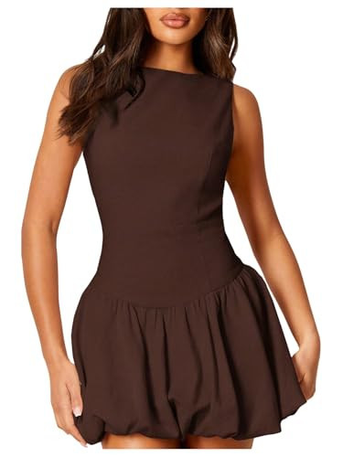 SOLY HUX Women's Bubble Mini Dress Sleeveless Crew Neck Party Going Out Summer Dresses Plain Coffee X-Small | Amazon (US)