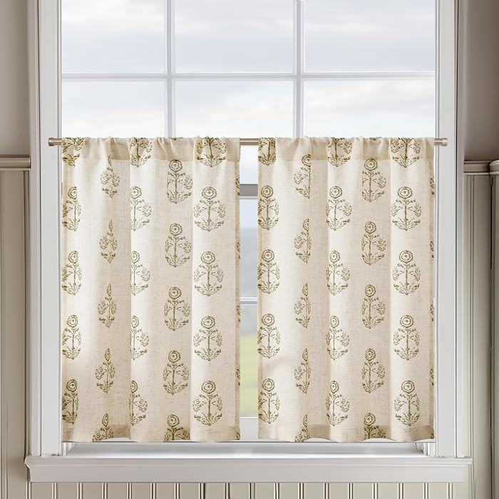 jinchan Linen Kitchen Curtains 24 in Green Floral Vintage Tier 2 Panels | Amazon (US)