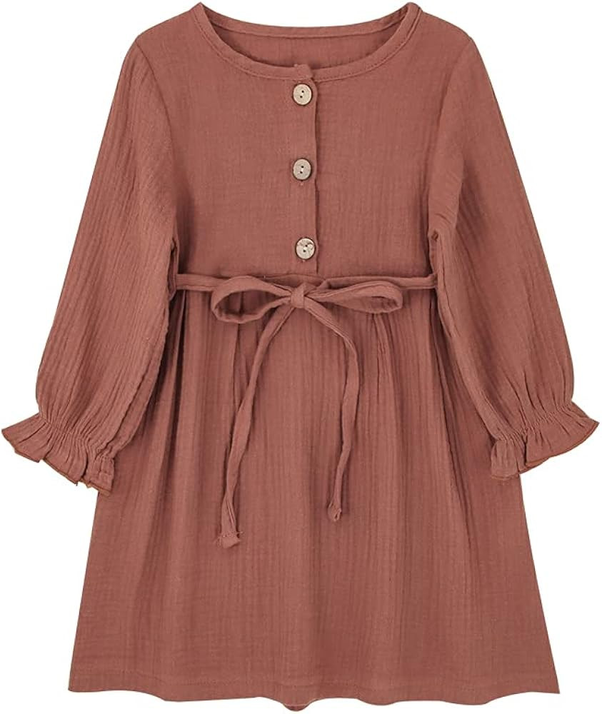 GLIGLITTR Toddler Baby Girl Cotton Linen Dress Long Sleeve Crew Neck Dresses Button Down Dresses ... | Amazon (US)