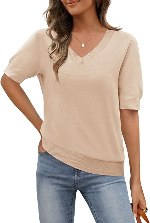 MEROKEETY Women's Short Sleeve Sweater Summer Business Casual Tops V Neck Lightweight Knit Work S... | Amazon (US)