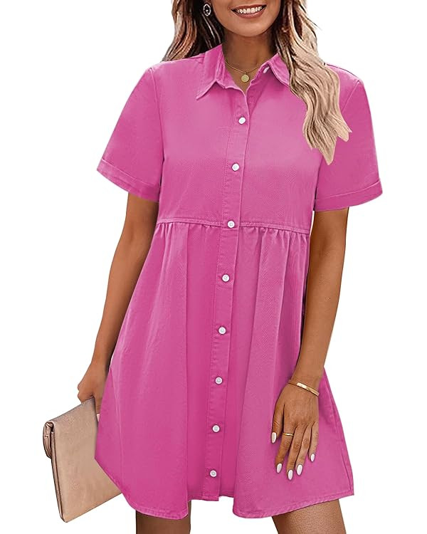 GRAPENT Denim Dress for Women Babydoll Tiered Short Sleeve Button Down Jean Shirt Dresses | Amazon (US)