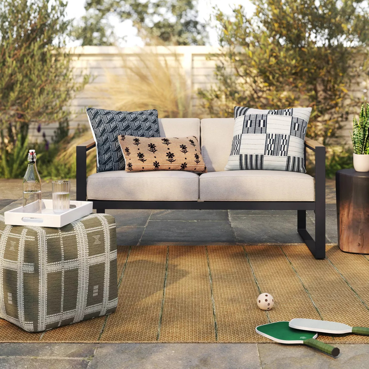 Stitched Plaid Outdoor Patio Pouf Green - Threshold™ | Target