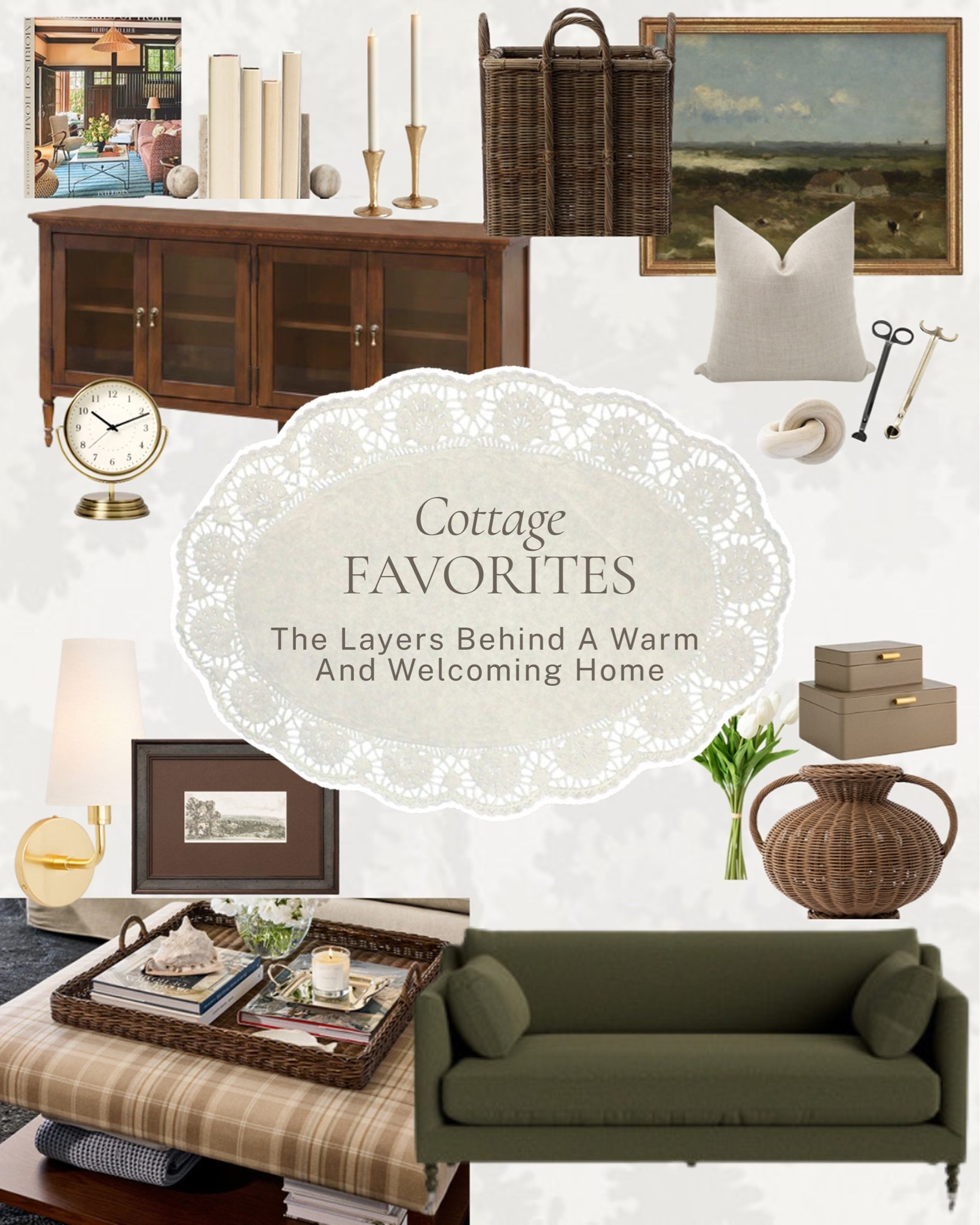 The layers are what make a home feel warm and completely lived-in ✨ 

A few cottage favorites, a glass-front cabinet, vintage-inspired art, a deep olive sofa, woven baskets, and those collected details that give a room its soul. 

All linked here 🤍 

#LTKhome